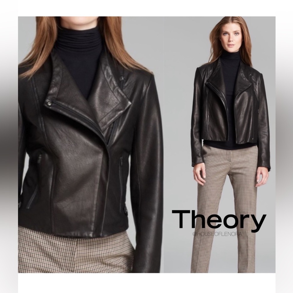 NEW Theory Phelan Asymetrical Zip-Up Lamb Leather Jacket Black Luxury Size M